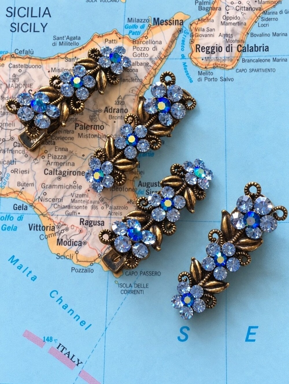 Set Of 4 Azure Blue Stone Crystal Hair Jewelry Clips Antique Bronze Bridal NEW